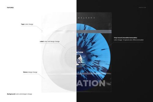 Vinyl record with blue and black splatter design shown in a transparent sleeve mockup, top flap visible, front angle.