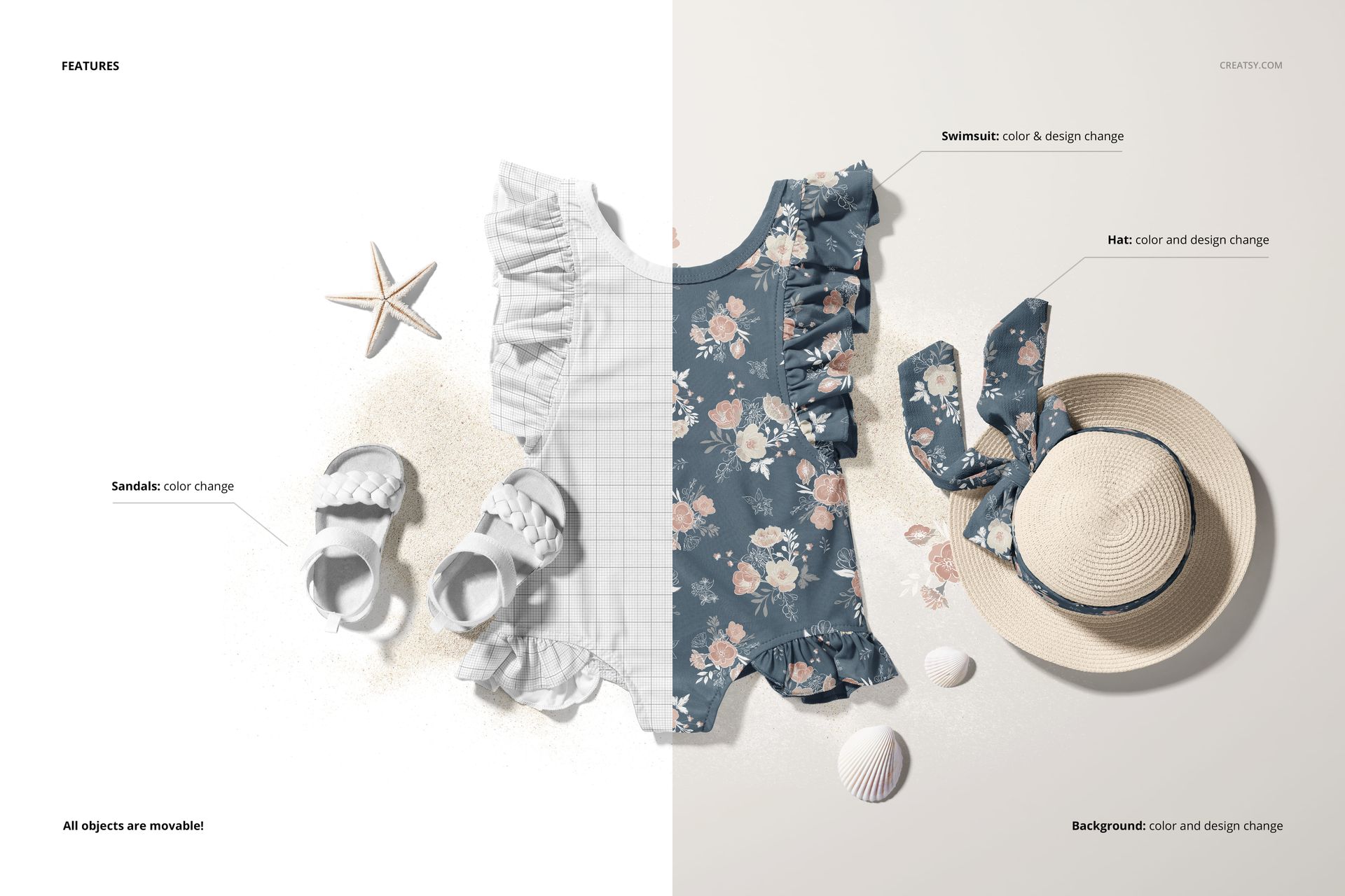 Front view of a baby ruffle swimsuit mockup set with floral patterns, sandals, and a straw hat on sand.