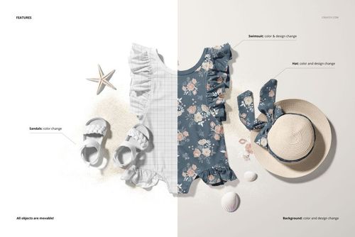 Front view of a baby ruffle swimsuit mockup set with floral patterns, sandals, and a straw hat on sand.