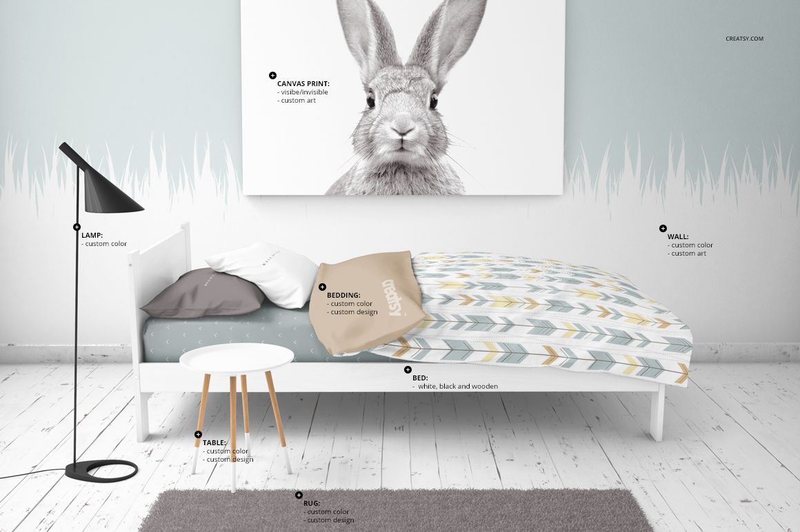 Front view of a kids bedroom mockup featuring a single bed, chevron bedding, rabbit canvas, and minimalist furniture.
