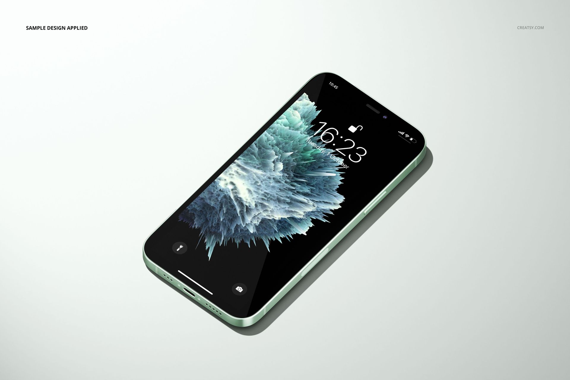 iPhone 12 mockup in green shown from a perspective angle with a sample design on the display, on a plain surface.
