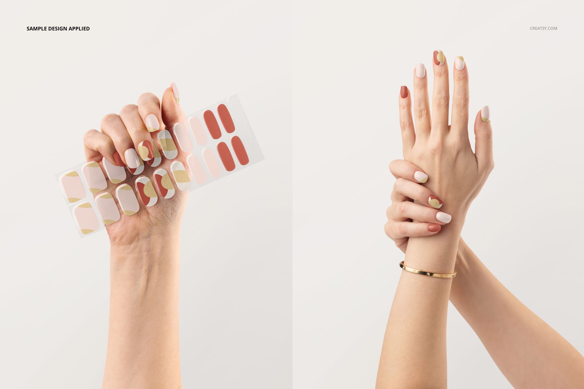 Close-up of a hand displaying UV gel nail wraps mockup, with applied designs on nails and neutral backdrop.