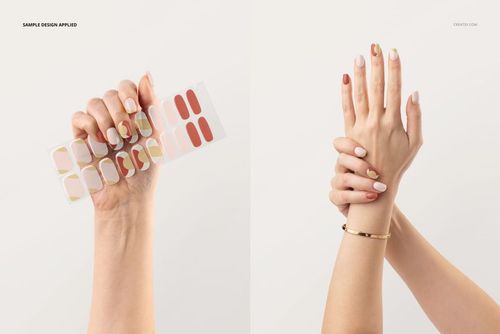 Close-up of a hand displaying UV gel nail wraps mockup, with applied designs on nails and neutral backdrop.