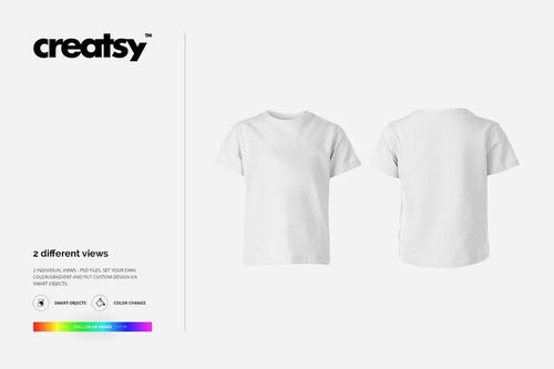 Kids T-shirt mockup showing two plain white short-sleeve shirts, one front view and one back view, on a light background.