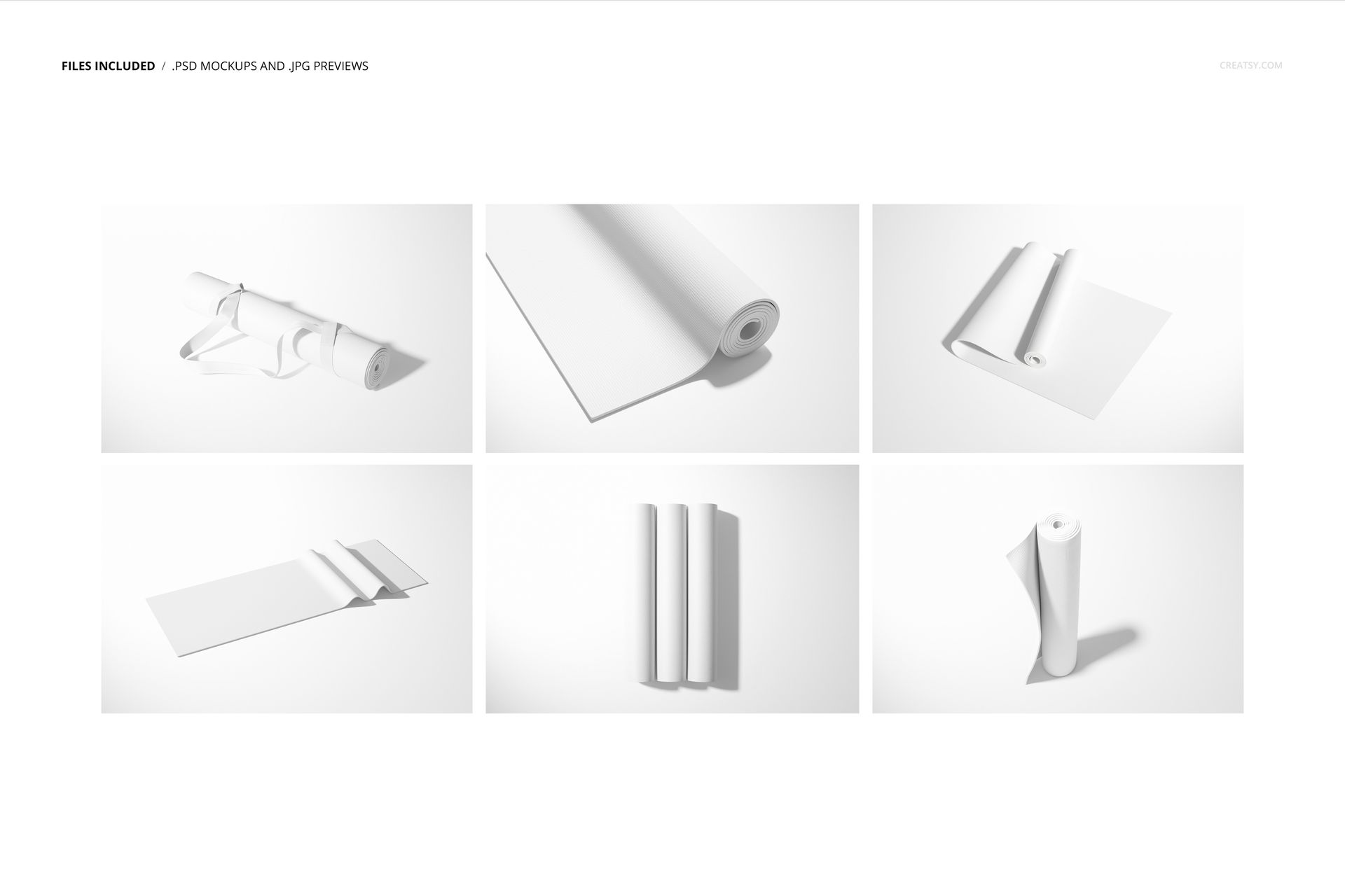 Set of six yoga mat mockups in various rolled and unrolled positions, displayed on a white background with soft shadows.