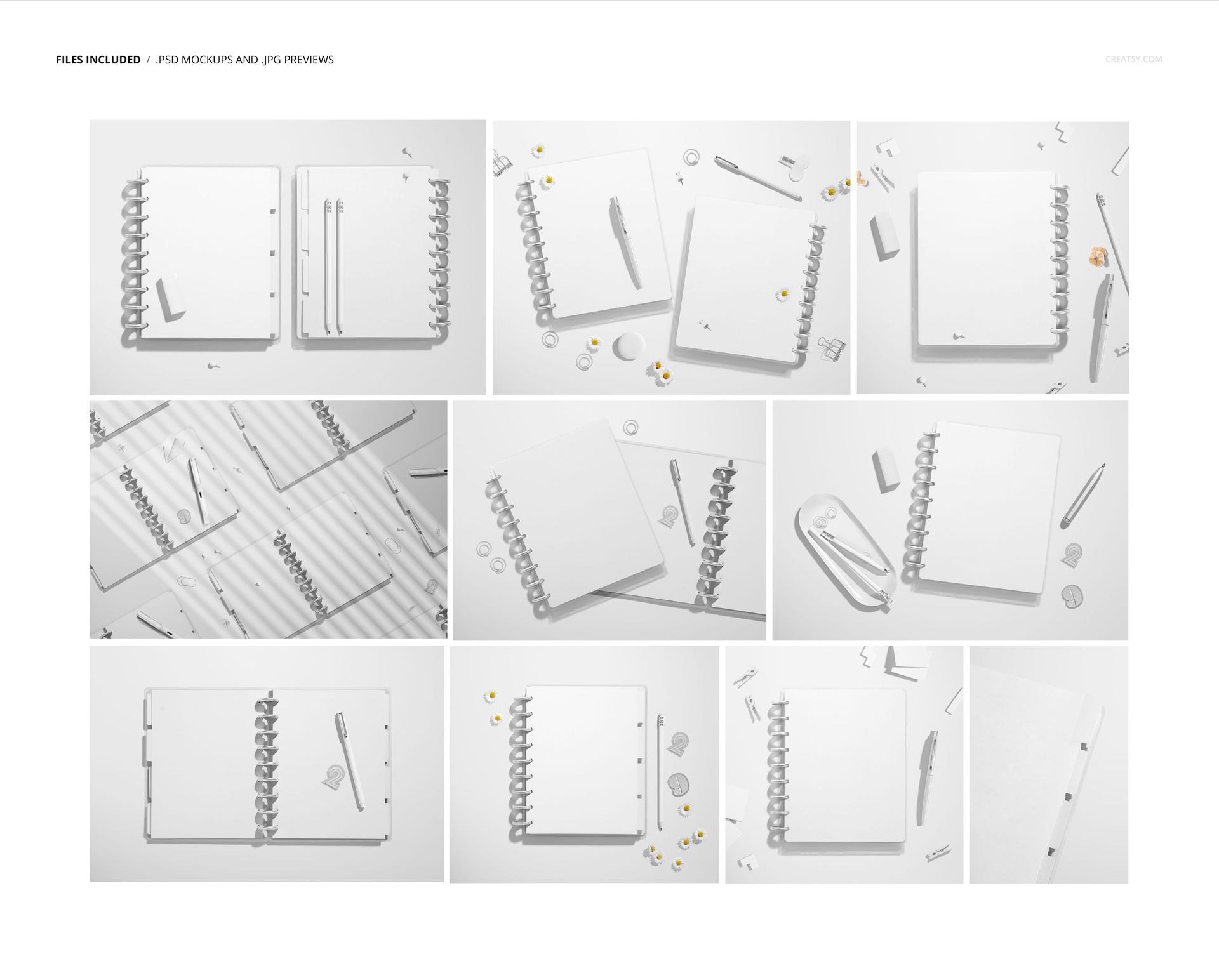 Spiral planner mockup set displayed in various arrangements, featuring blank pages, dividers, pens, and stationery props.