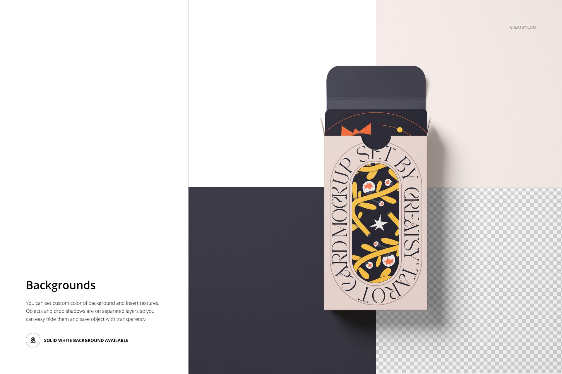 Tarot card mockup featuring a rectangular box with illustrated graphics, viewed from above on a split-color surface.