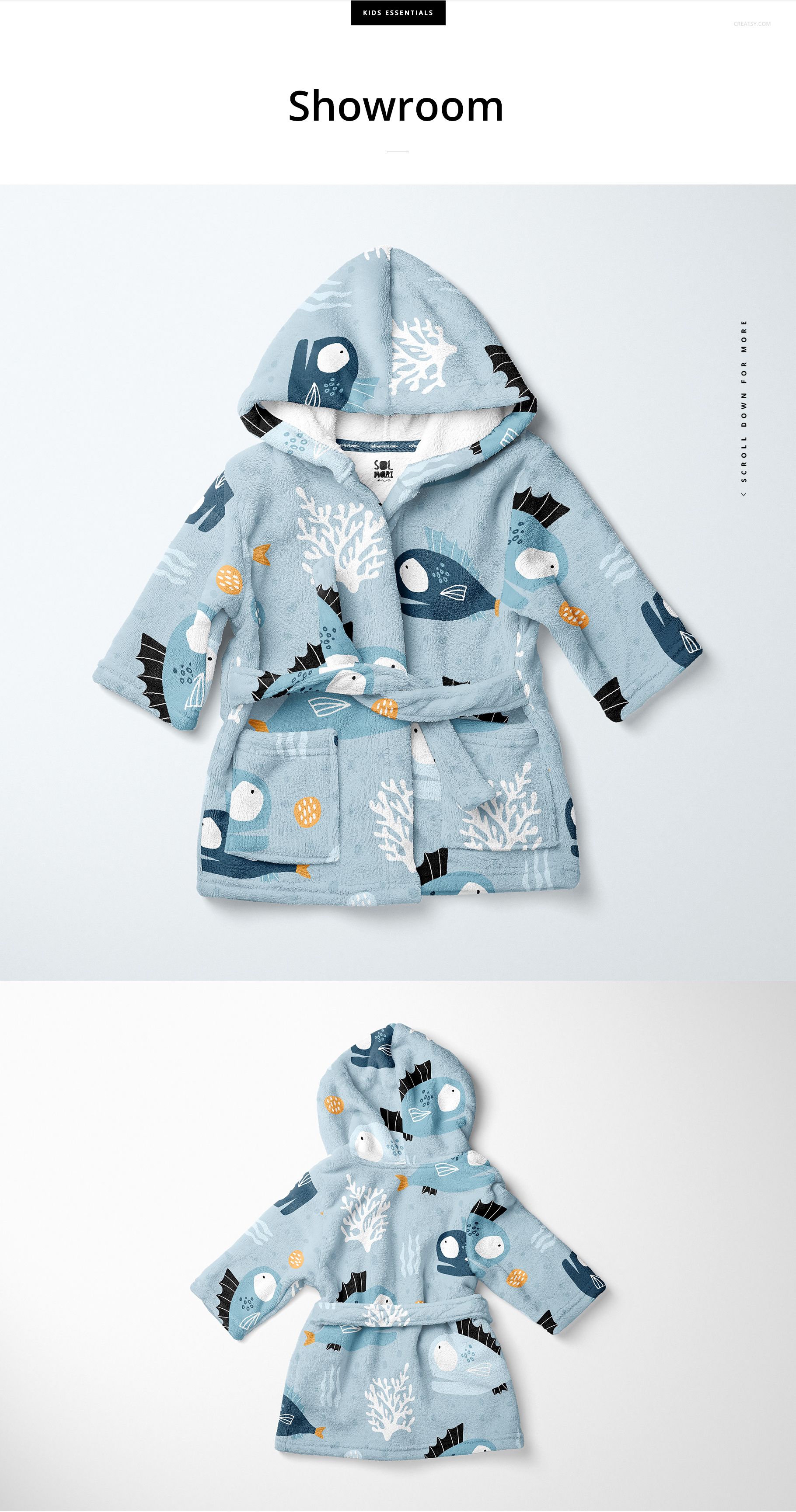 Front view of a baby bath dressing gown mockup with hood, blue color, and playful sea-themed patterns on white background.