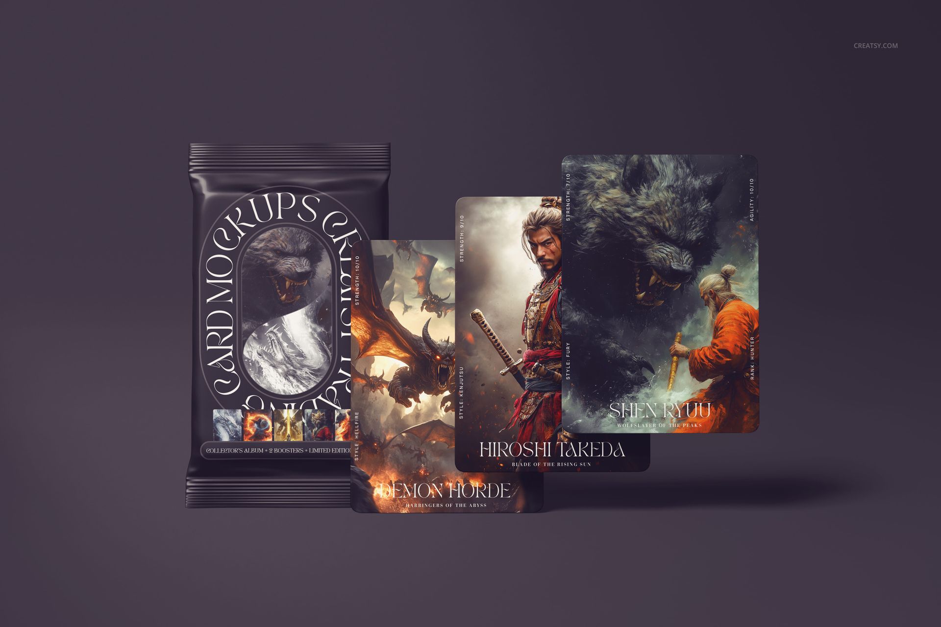 Front view of trading cards mockup set with fantasy-themed illustrations and a black card pack on a dark background.