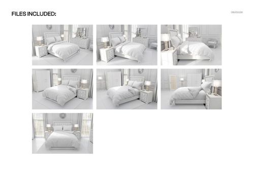 Luxury bedroom bedding mockup set featuring a bed with flanged pillows and duvet in a bright, elegant room.