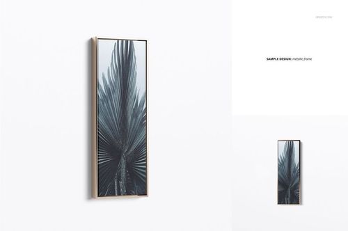 PSD mockup of a vertical canvas in a slim metallic frame, showcasing a botanical leaf artwork, front view with white surroundings.