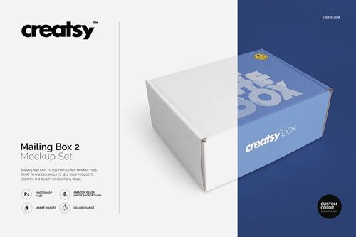 Mailing box mockup featuring a blue lid and white base, presented in a three-quarter perspective with soft shadows.
