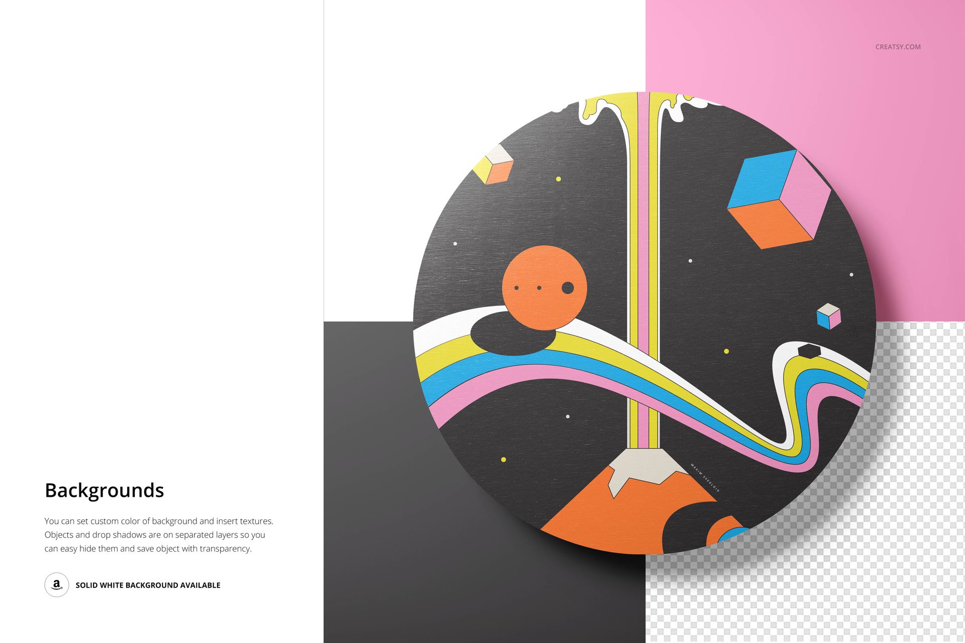 Round plywood wall art mockup featuring a colorful abstract design with geometric shapes and flowing lines on a split background.