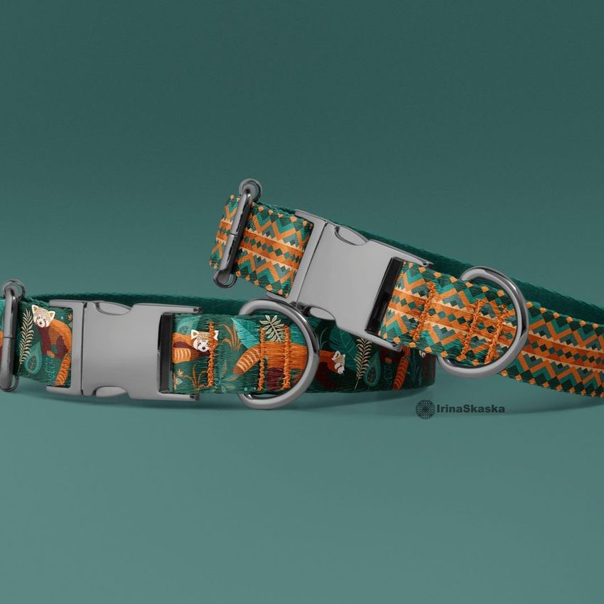 Dog collar mockup featuring two adjustable collars with red panda illustrations and geometric patterns on a green background.