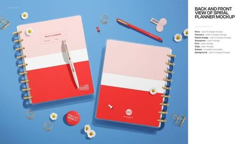 Spiral-bound planner mockup featuring red and pink covers, assorted stationery, and decorative daisies arranged on a blue background.
