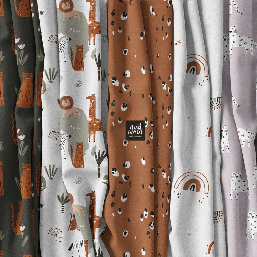 Creased fabrics mockup displaying six fabric panels with playful animal and abstract patterns in earthy tones and muted colors.