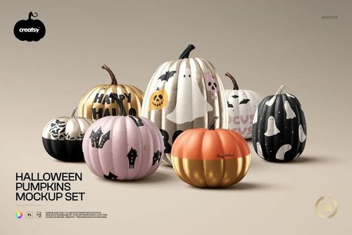 PSD mockup featuring a set of Halloween pumpkins in different colors and designs, displayed together on a beige surface.