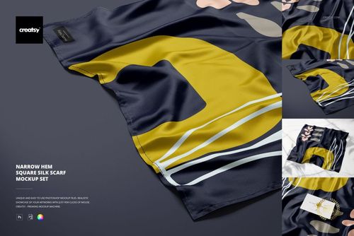 Square silk scarf with a narrow hem, featuring abstract yellow and navy patterns, shown in a PSD mockup set.