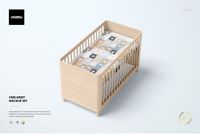Crib sheet mockup in a light wood crib, decorated with cartoon bear faces and pastel blocks, top perspective.