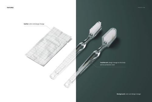 Top view of a hotel dental kit mockup featuring two clear toothbrushes with covers and a grid-patterned sachet on split backgrounds.