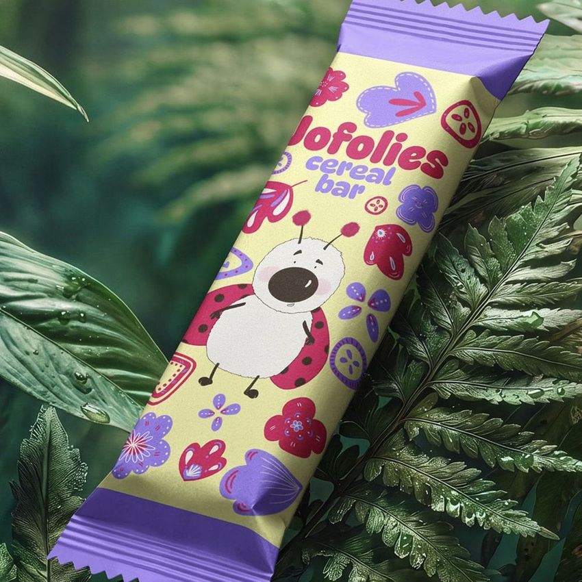 Candy bar mockup featuring playful ladybug illustration and colorful text on a wrapper, placed among lush tropical leaves.