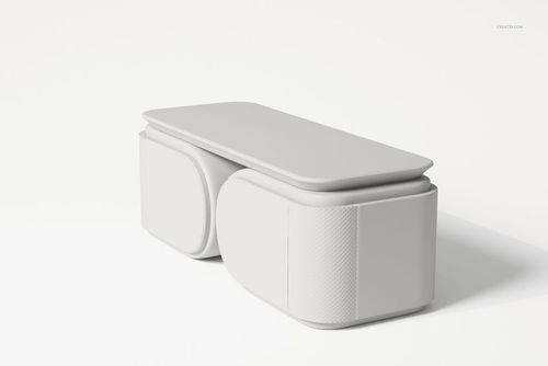 Futuristic upholstered desk with rounded corners and smooth surfaces, shown in a side perspective on a white background.