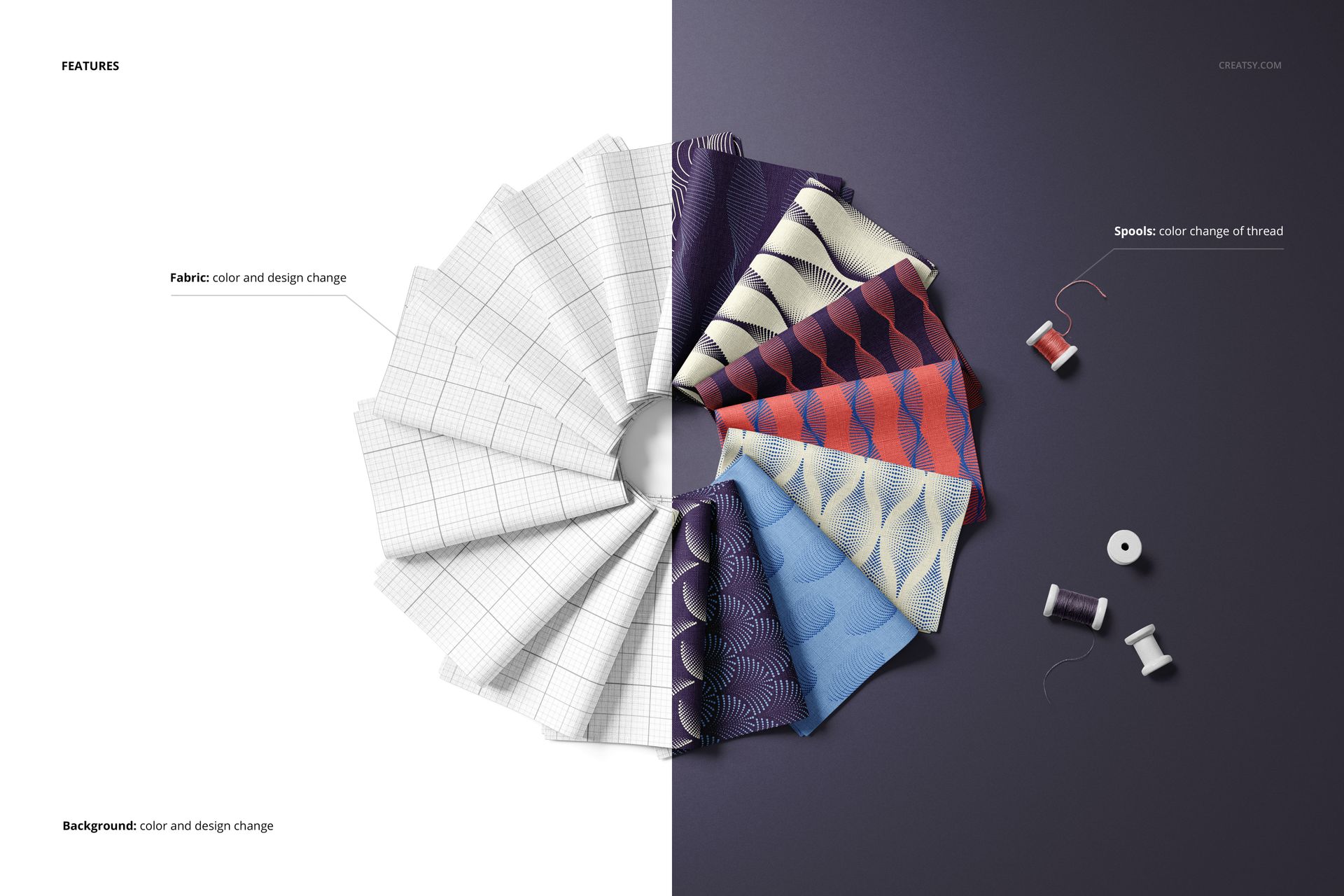 PSD mockup showing a circle of fabric swatches in different colors and patterns, with thread spools on a purple background.