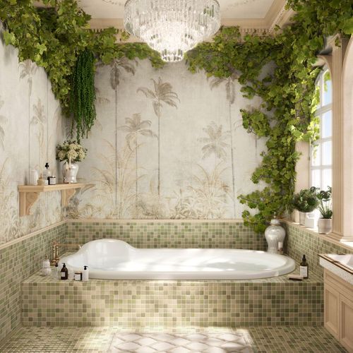 Luxurious bathroom mockup featuring a mosaic-tiled tub, lush hanging plants, and tropical wall art in bright lighting.