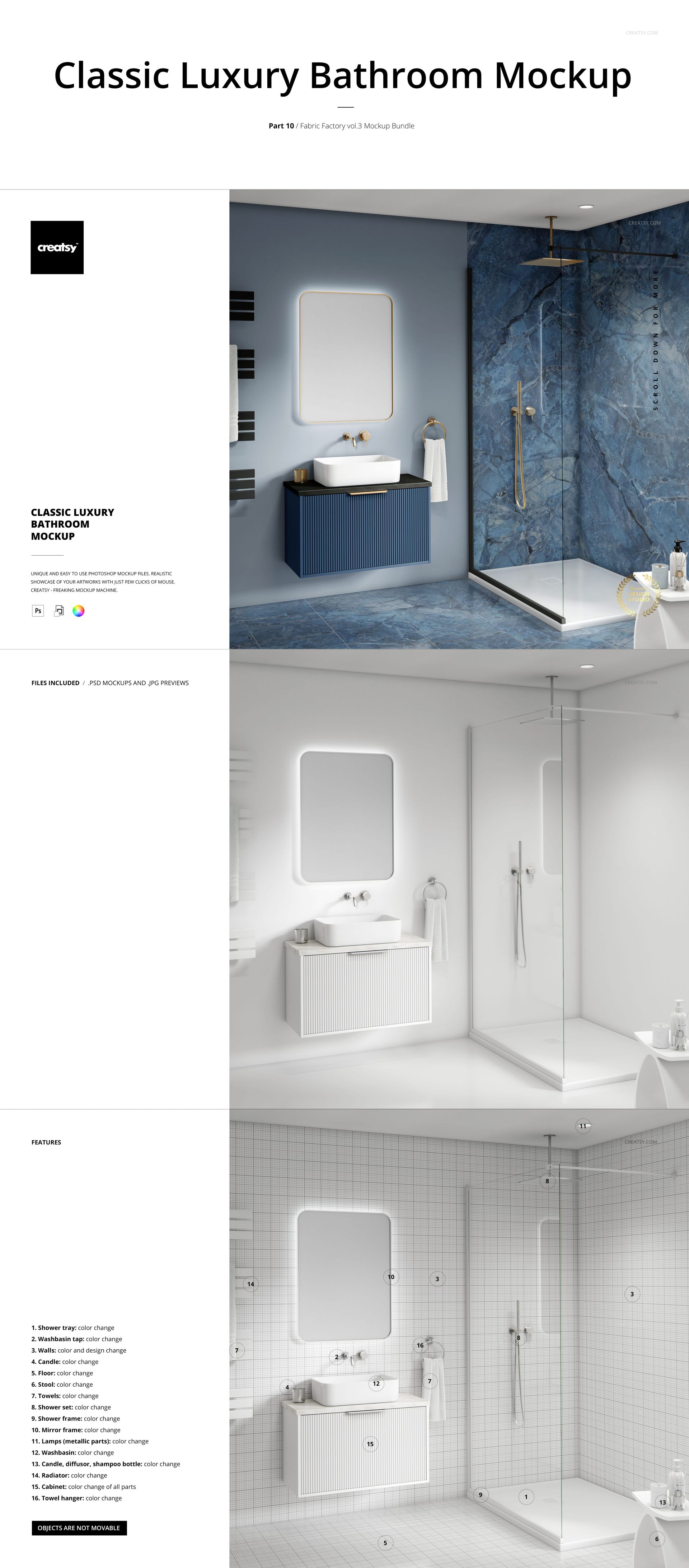 Elegant bathroom mockup with blue cabinetry, large mirror, marble accent wall, and spacious shower area.