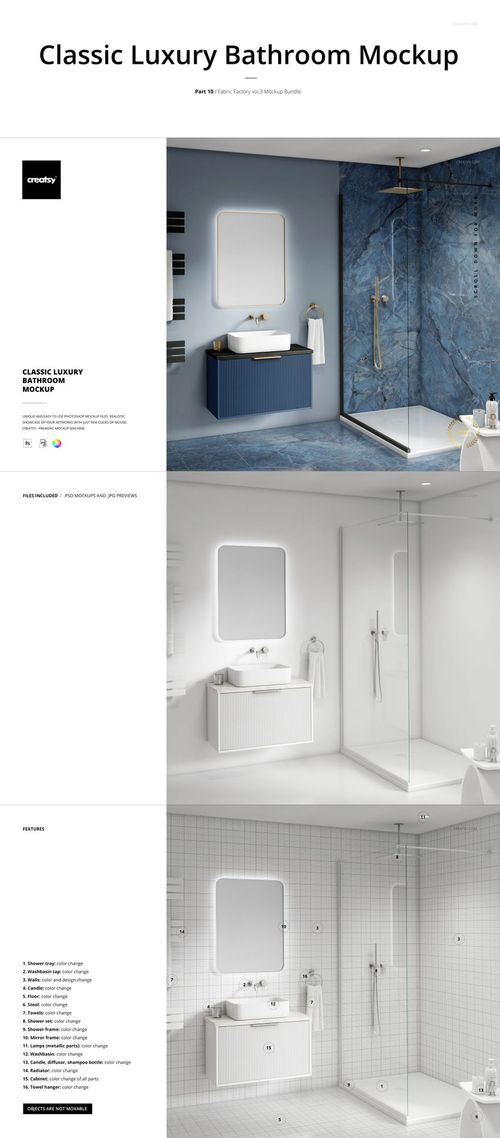 Elegant bathroom mockup with blue cabinetry, large mirror, marble accent wall, and spacious shower area.