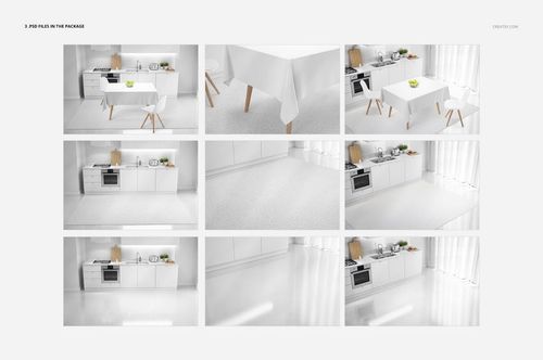 Kitchen mockup set featuring white countertops, table, and flooring in a modern, bright interior with appliances.
