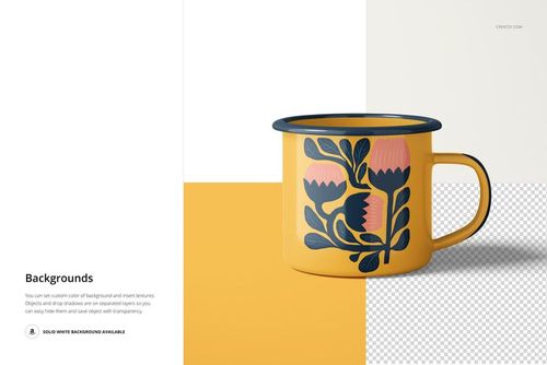 Front view of a 360ml enamel mug mockup featuring a bold floral design, placed on a two-tone background.