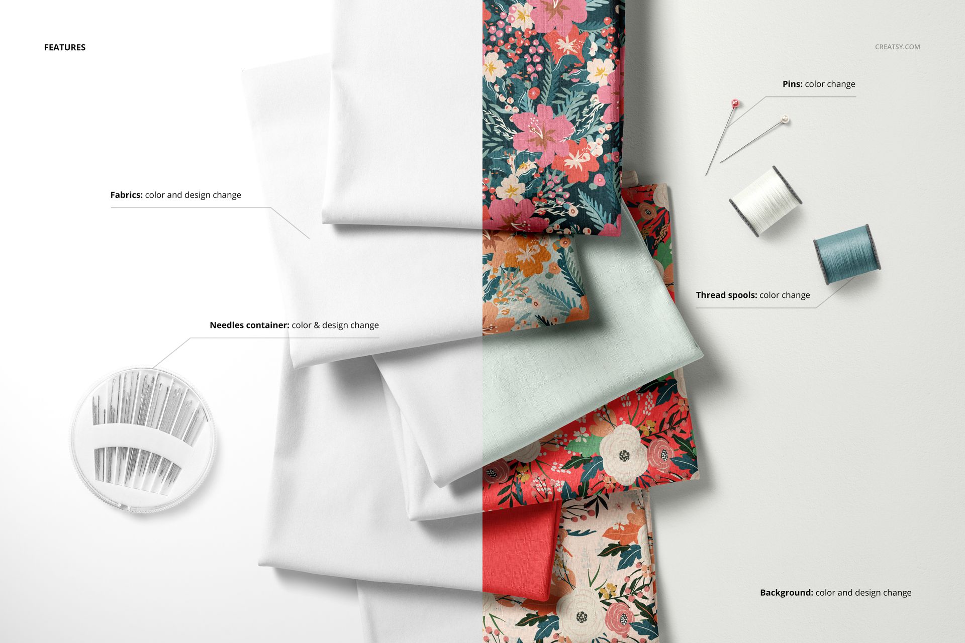 Folded fabric pieces stacked in a row, featuring solid white and colorful floral patterns, shown from a top view.