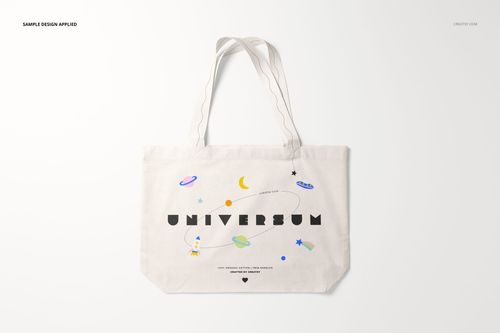 Front view of a weekender tote bag mockup with white fabric and playful space-themed illustrations on a plain background.