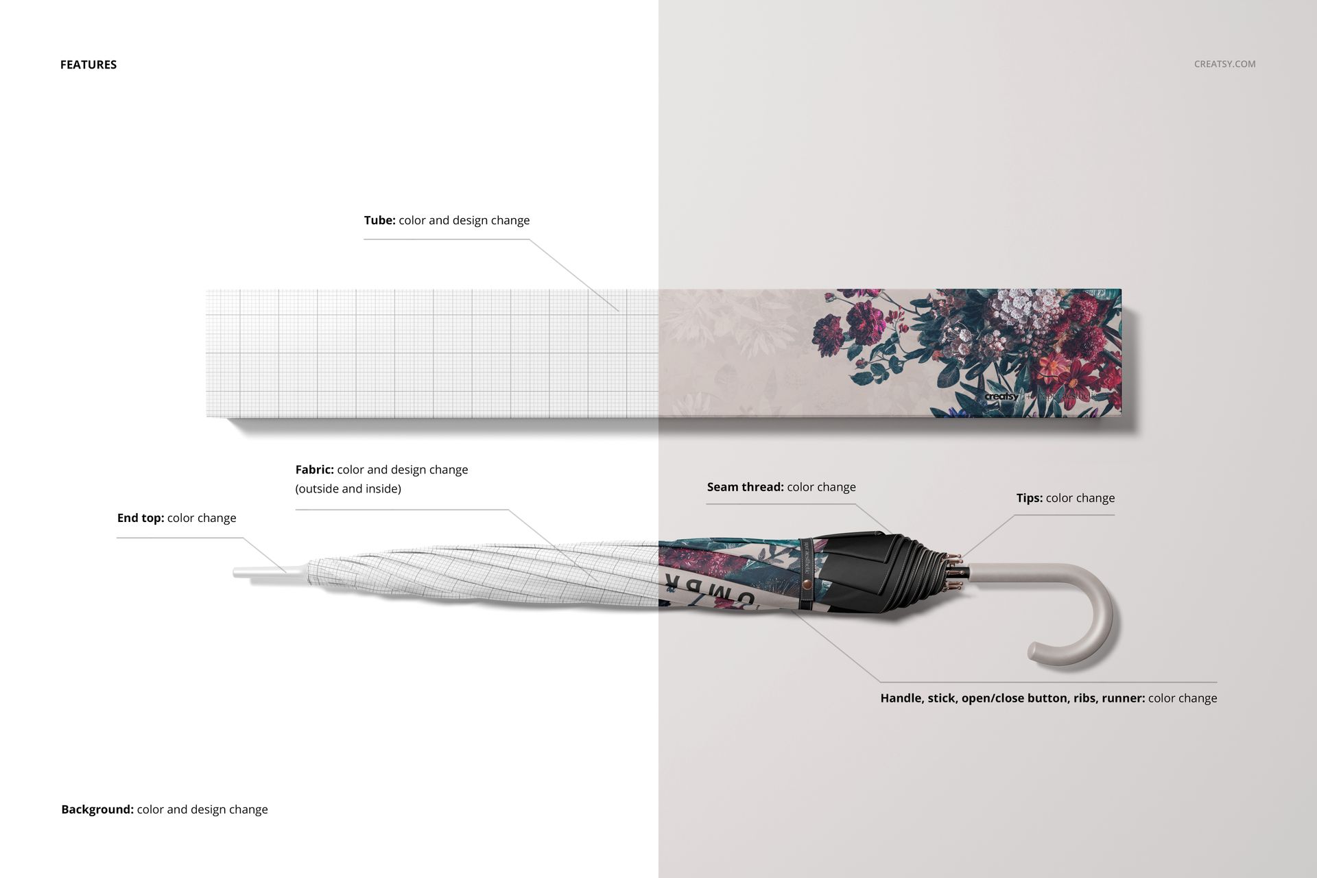 Umbrella packaging mockup featuring a rectangular box with floral pattern and an open umbrella, split scene view.