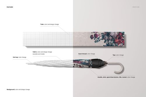 Umbrella packaging mockup featuring a rectangular box with floral pattern and an open umbrella, split scene view.