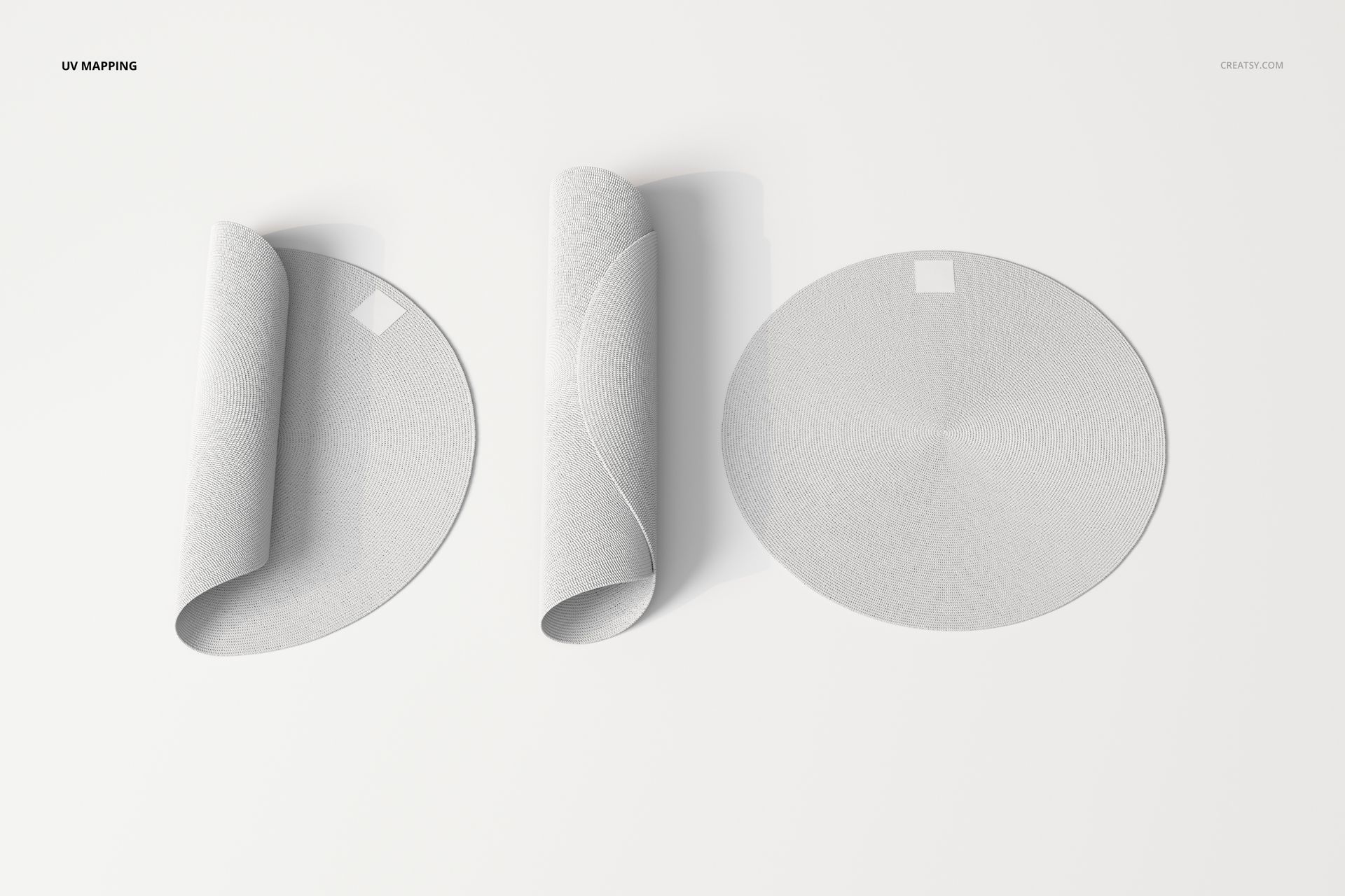 Round braided rug in light gray color shown from a top view, alongside two partially rolled versions on a plain white background.