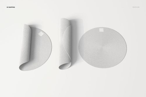 Round braided rug in light gray color shown from a top view, alongside two partially rolled versions on a plain white background.