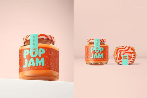 Front and angled view of a persimmon jam jar mockup with orange and turquoise label design on a light background.