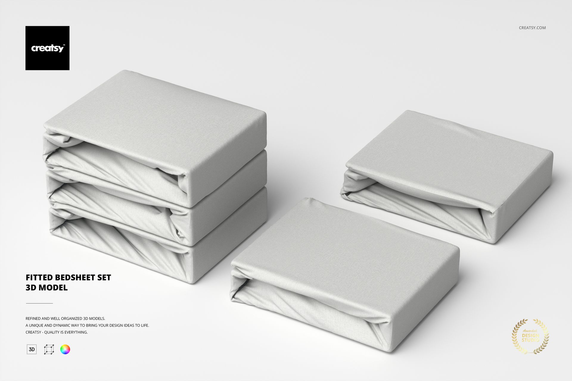 Stacked and single folded fitted bedsheet sets in light gray fabric, displayed on a plain white surface, front view.