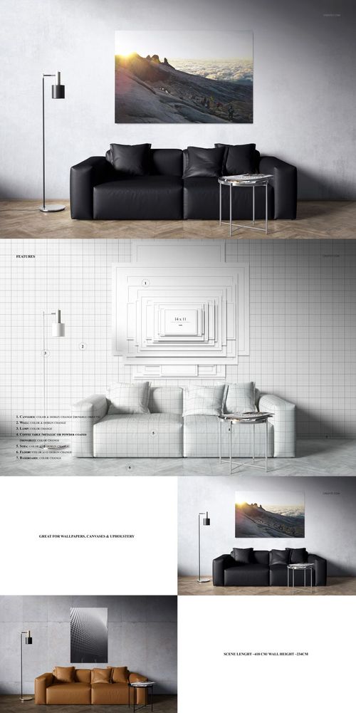 PSD mockup featuring a sofa, pillows, and wall art, shown in both rendered and wireframe versions for design visualization.