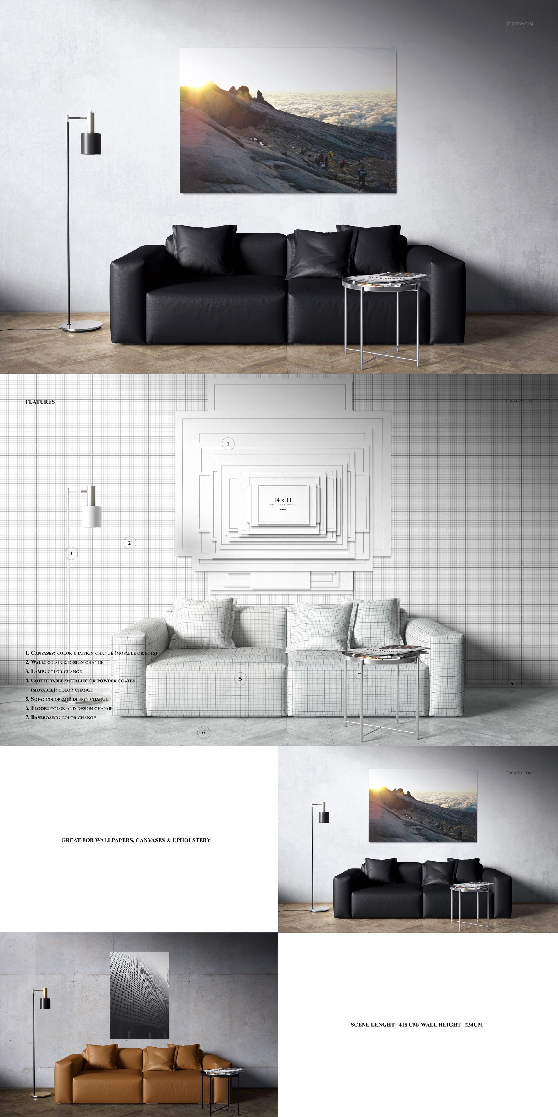 PSD mockup featuring a sofa, pillows, and wall art, shown in both rendered and wireframe versions for design visualization.