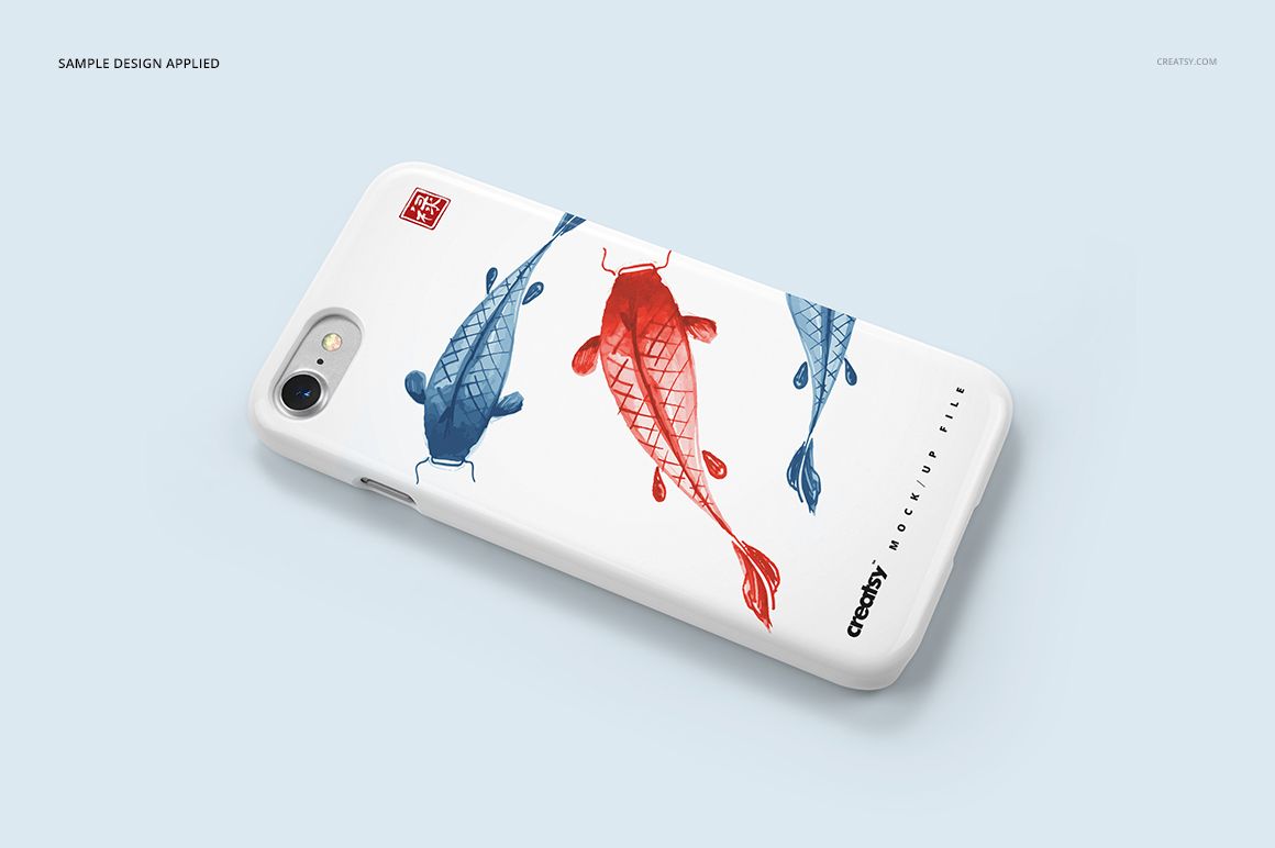 iPhone 7 plastic case mockup featuring a colorful fish pattern, shown from an angled top perspective on a pale surface.