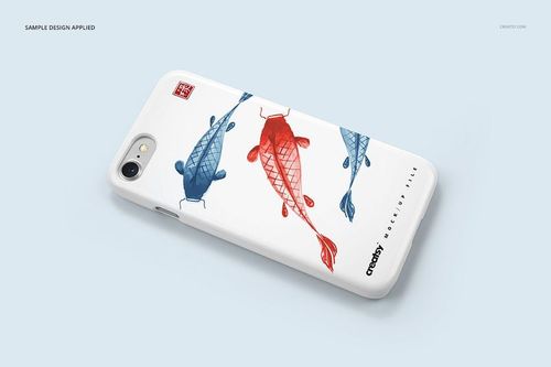 iPhone 7 plastic case mockup featuring a colorful fish pattern, shown from an angled top perspective on a pale surface.