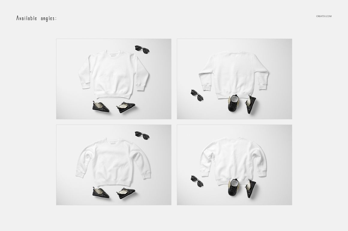 White baby sweatshirt mockup displayed from four different angles on a light background with shoes and sunglasses.