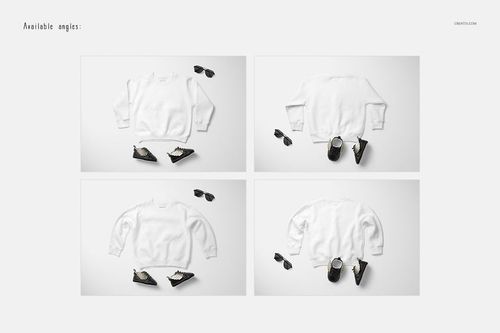 White baby sweatshirt mockup displayed from four different angles on a light background with shoes and sunglasses.