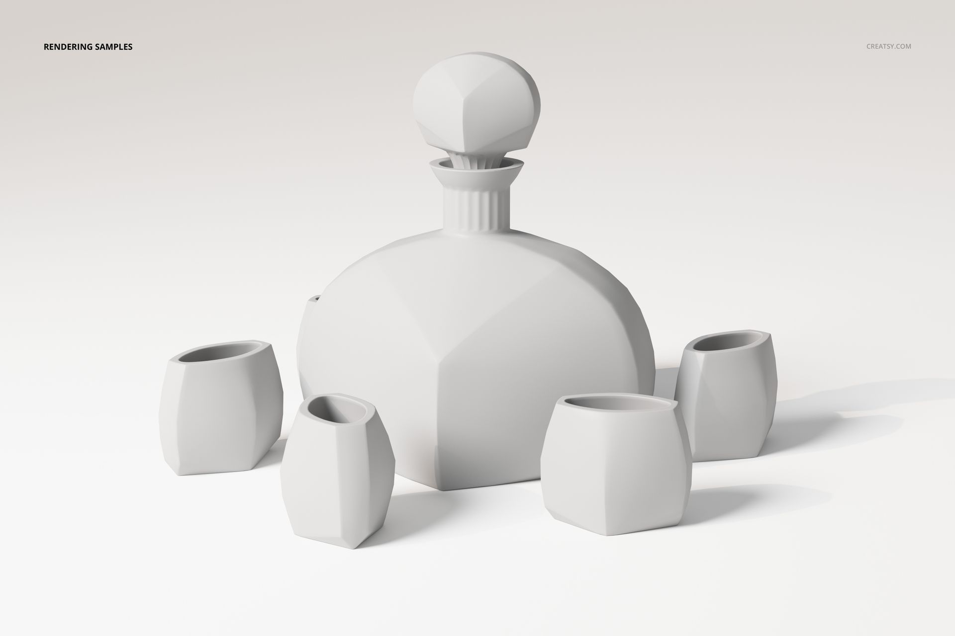 Retro-style liquor set featuring a faceted decanter with stopper and four matching cups, shown in a white 3D render.