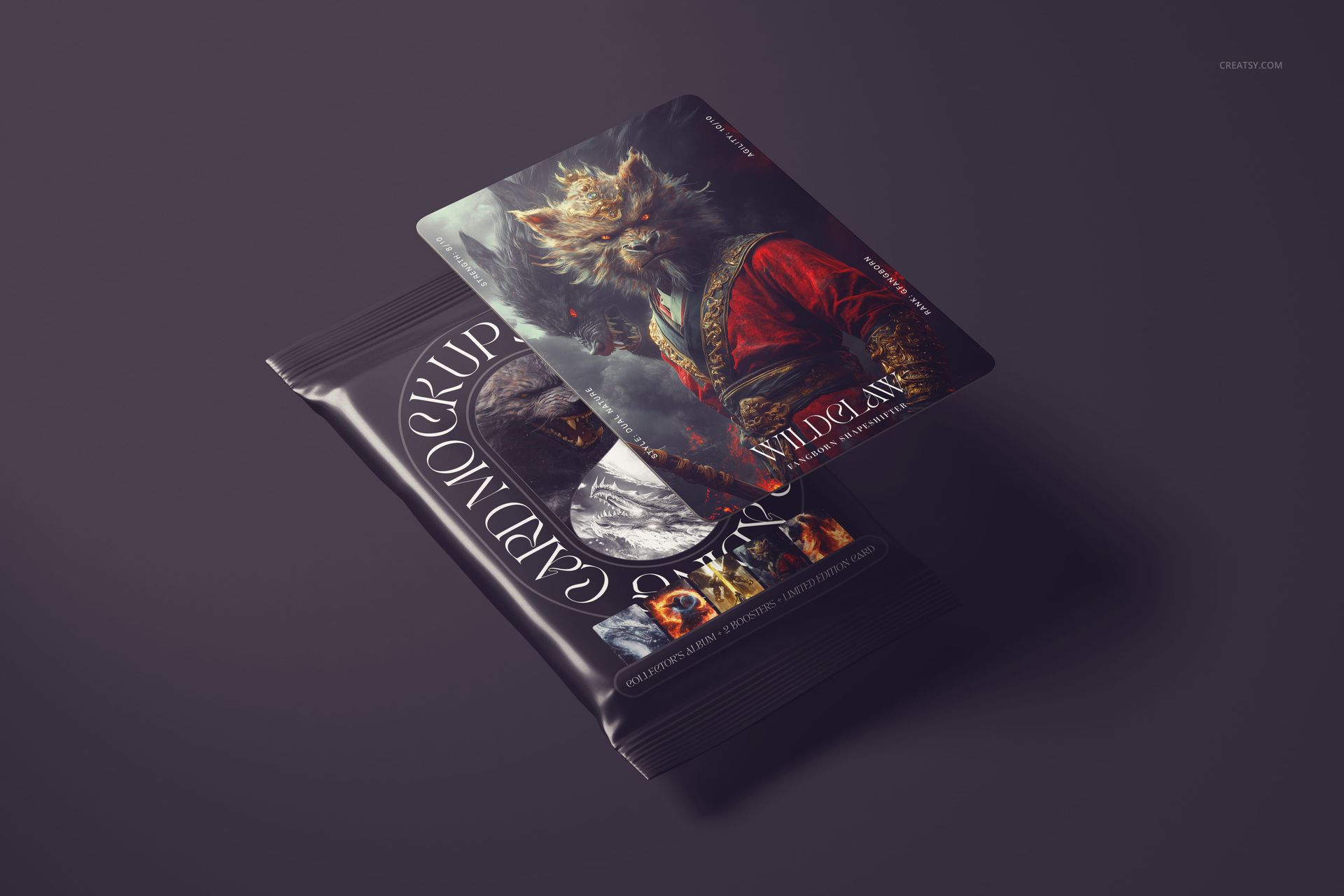 Close-up view of a trading card mockup with a detailed illustrated card resting above a branded pack.
