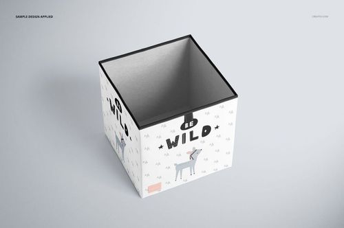 Mockup of a square folding storage box with cartoon dog and decorative text, shown from a slightly elevated perspective.