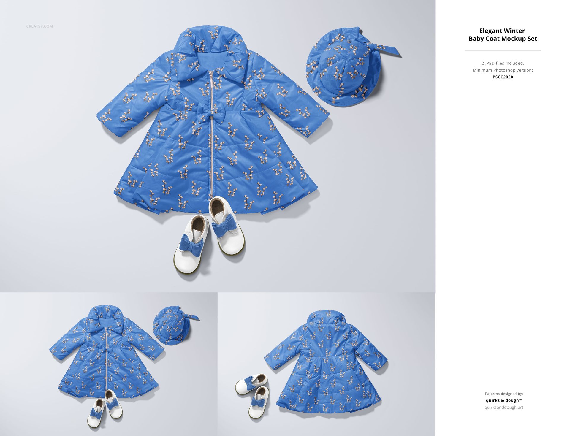 PSD mockup featuring a blue children's coat, coordinating hat, and shoes with animal print, shown from different angles.